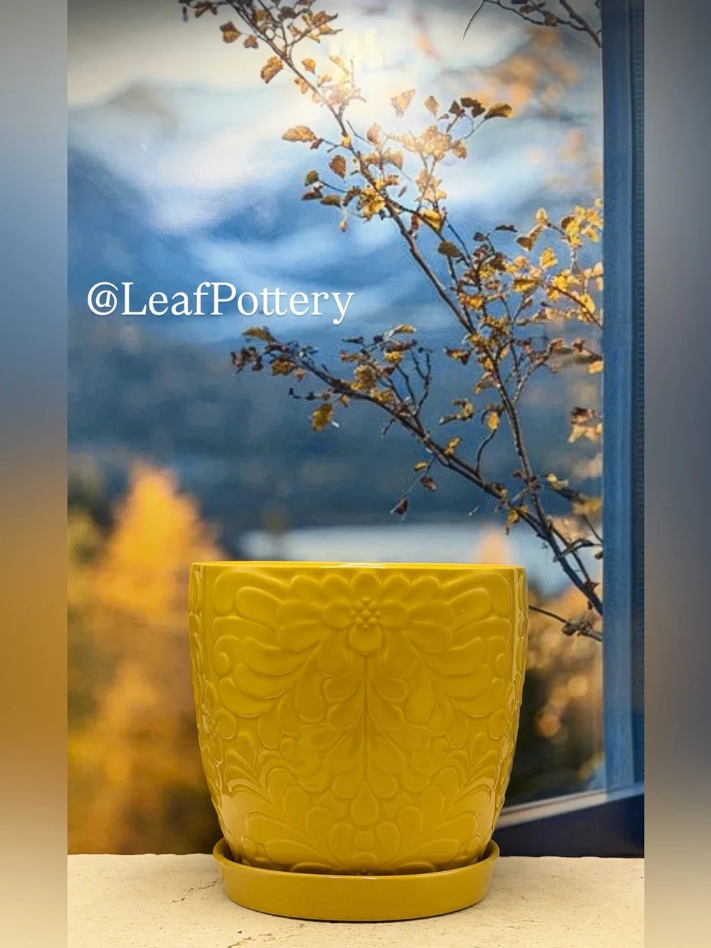 Yellow Floral Ceramic Planter Pot with Saucer Attached 8 Inch Flower Pot